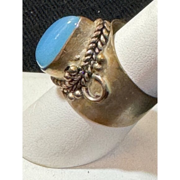 Vintage Sterling Silver & Aqua Chalcedony Ring With Braided Detail Size 9 - Picture 4 of 8